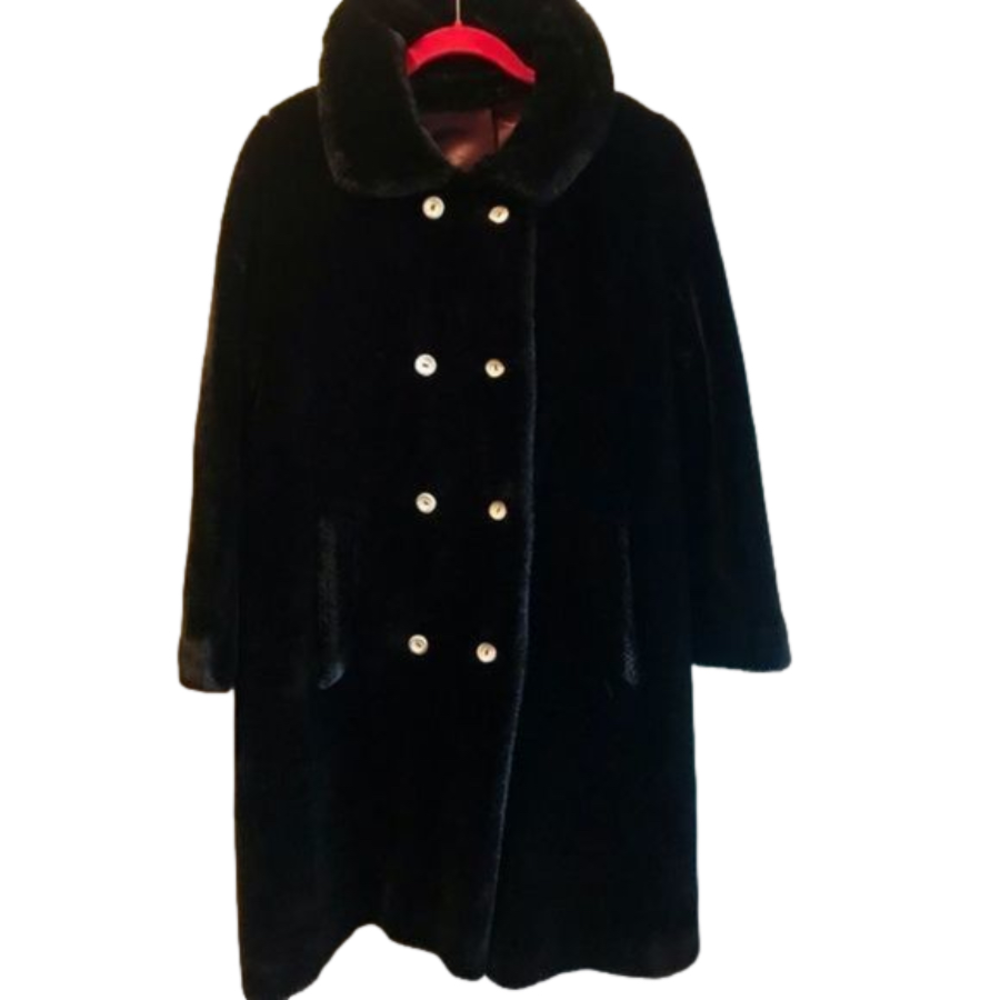 Vintage North Bay by Glenoit Faux Fur Black Coat‎ Satin Lined Dress Coat Large